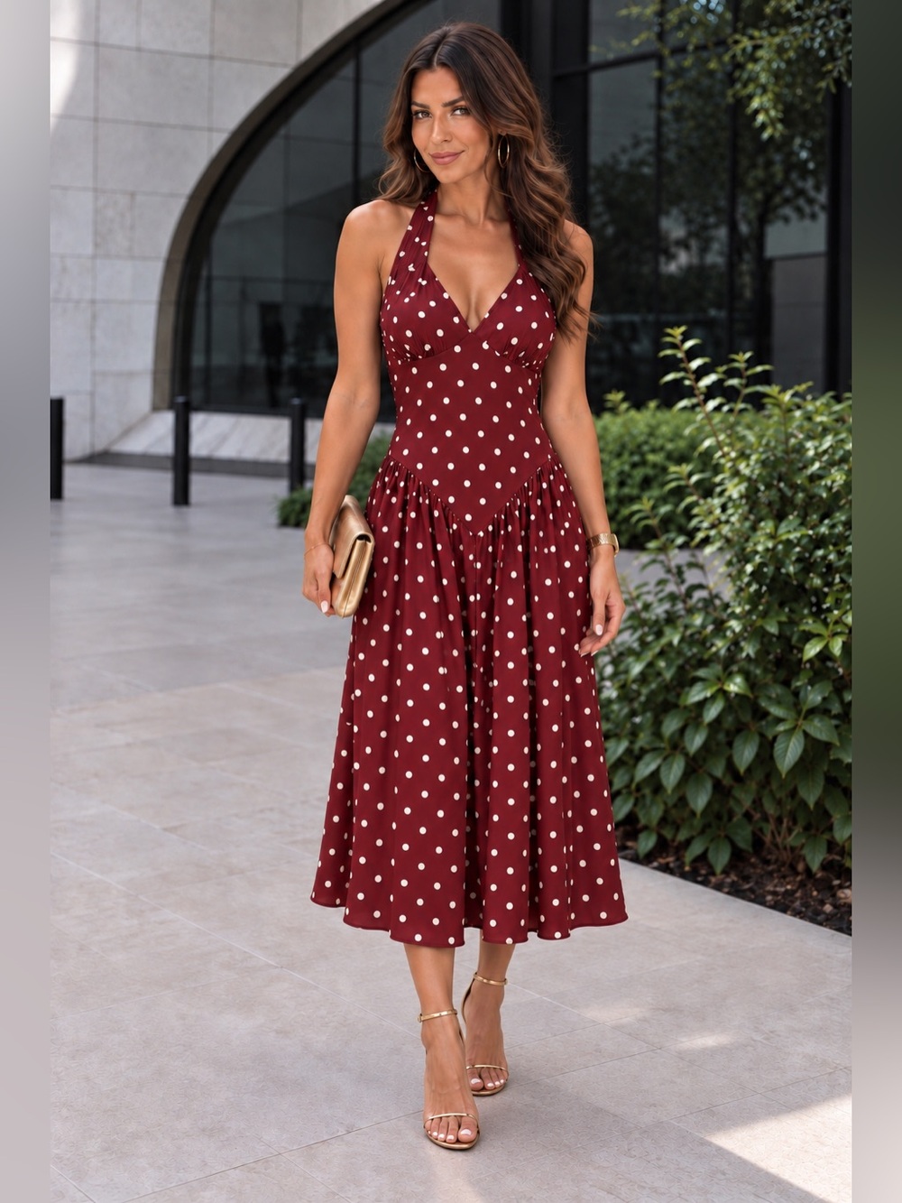 Women’s Polka Dot Halter Midi Dress in Burgundy